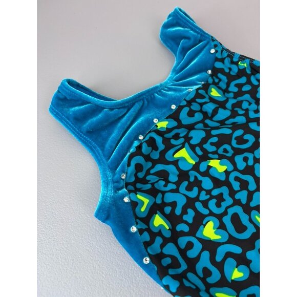 GK Elite child small blue black sleeveless animal print gymnastics dance leotard - Picture 3 of 5